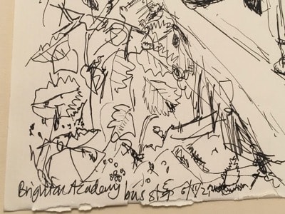 Handmade sketchbook drawing; Brighton Academy Bus Stop. 6th November 2021