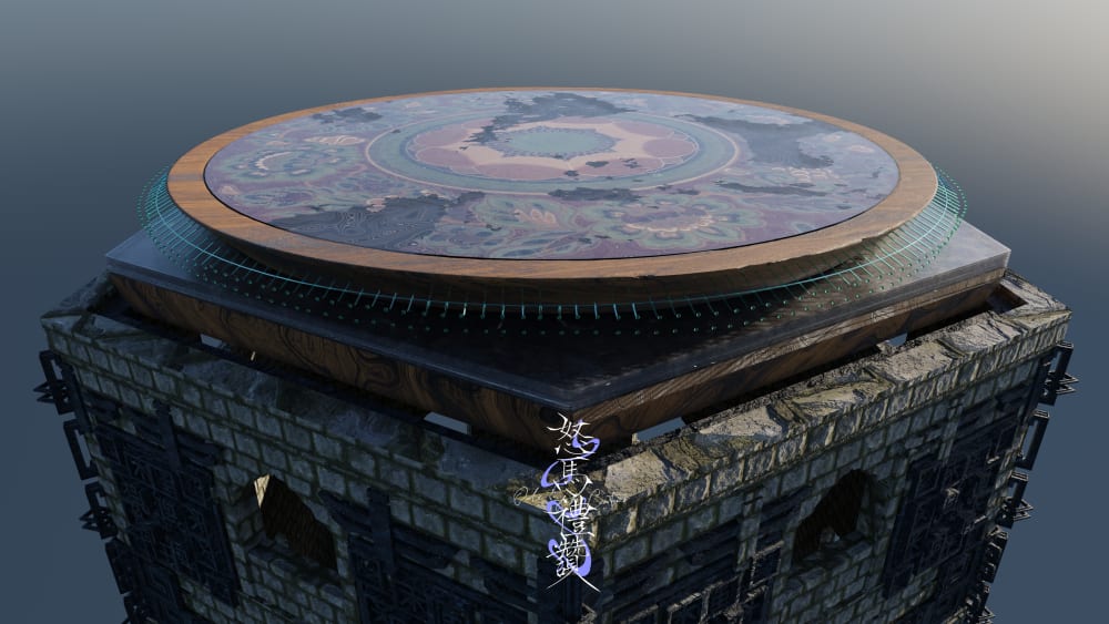 Ancient building with a circular platform at the top with intricate designs 