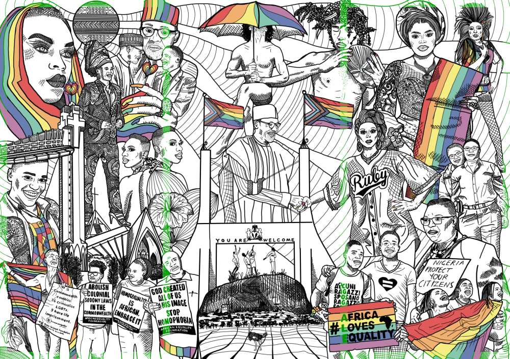 Detailed black and white illustration depicting anti-queer politicians in an alternative world where they actually support LGBTQ+ communities.