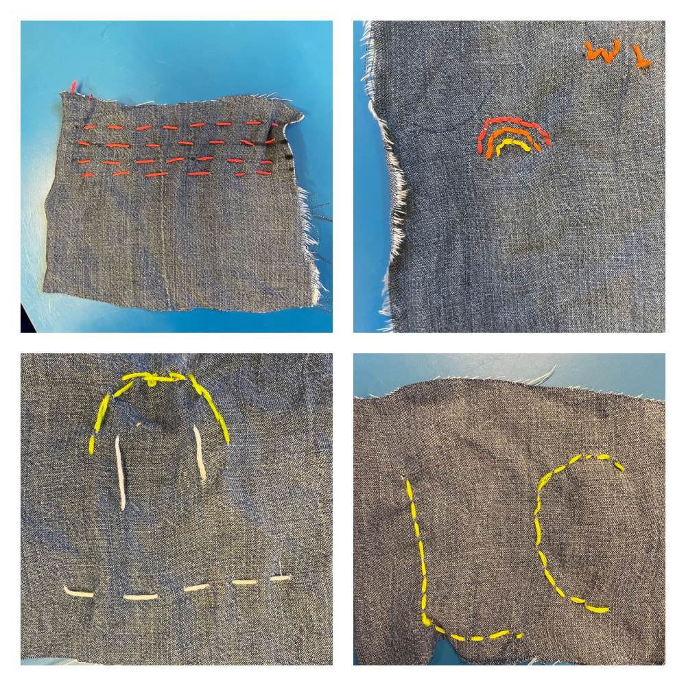 4 Sashiko patches; hand stitching on denim material