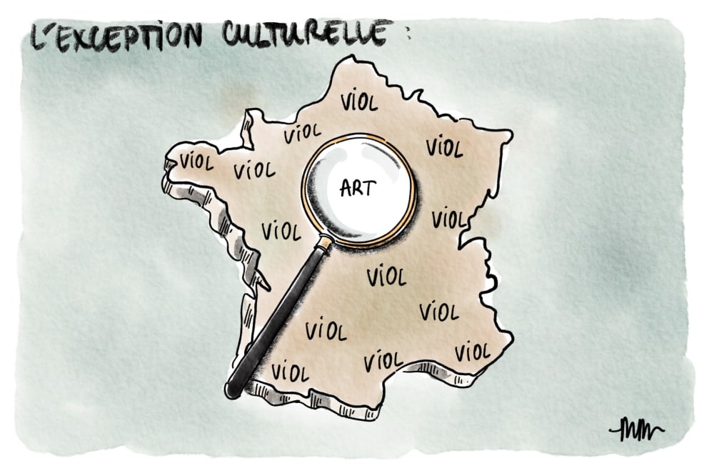An illustration of the map of France. The word 'viol' (rape) is written for each region, except for in the centre at the top, where a magnifying glass shows the word 'Art'. 