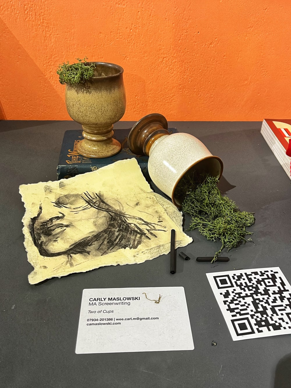 two stoneware cups with plants and a drawing