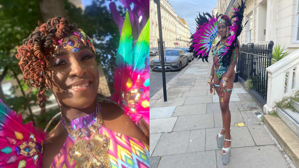 Collage of 2 images. Both images of a women in a bright coloured carnival costume and silver platform shoes.