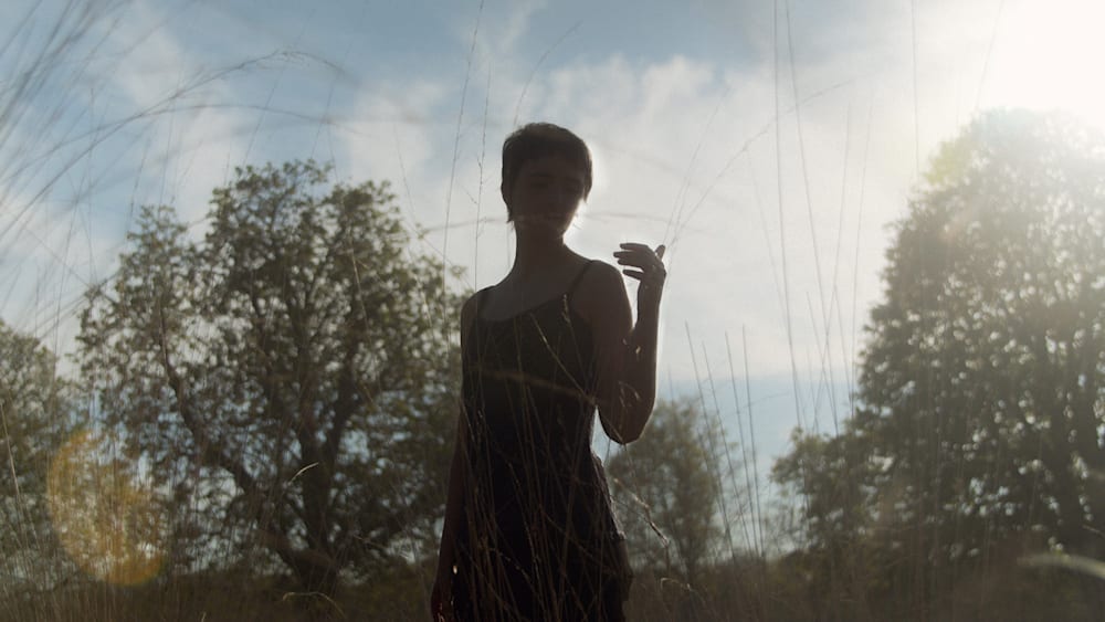 Silhouette of a girl surrounded by trees.