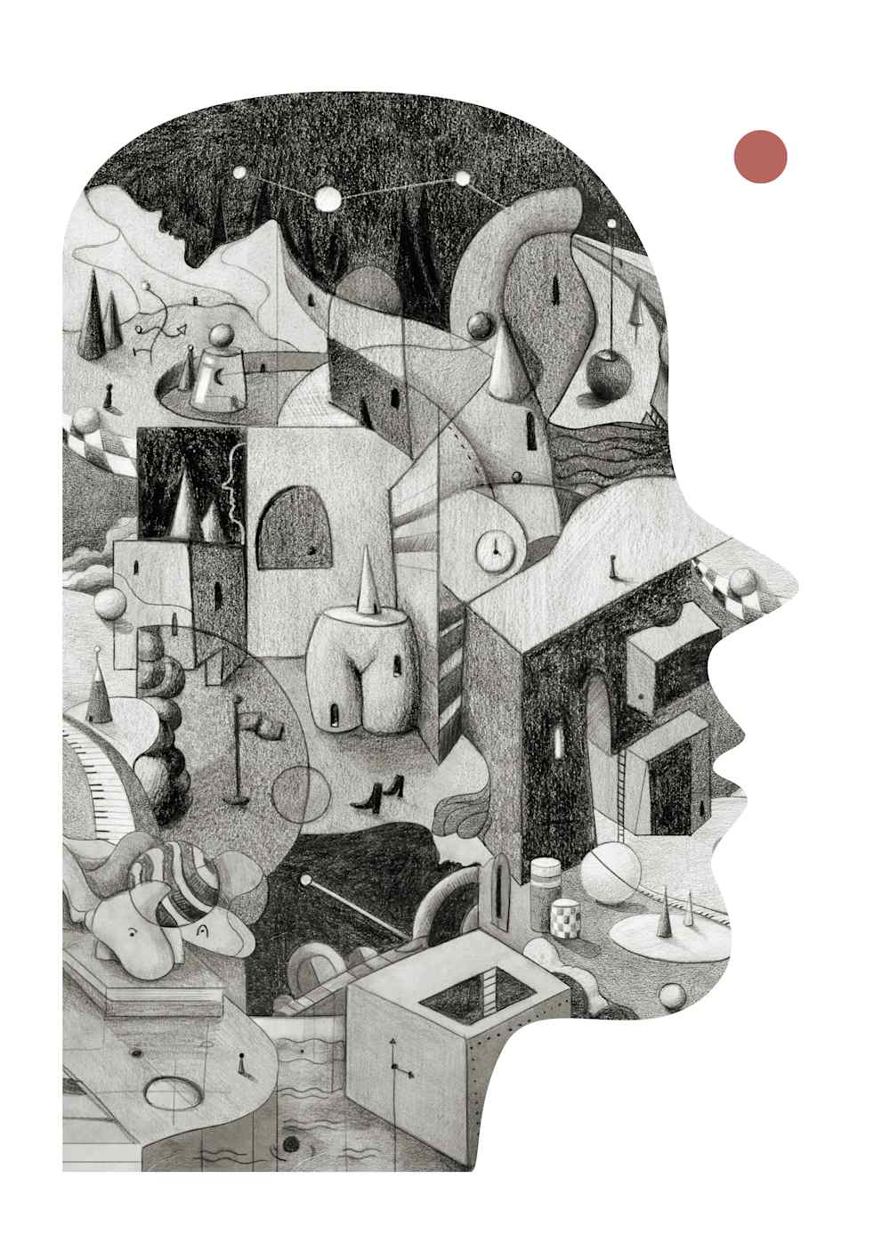Black and white illustration representing a face full of objects