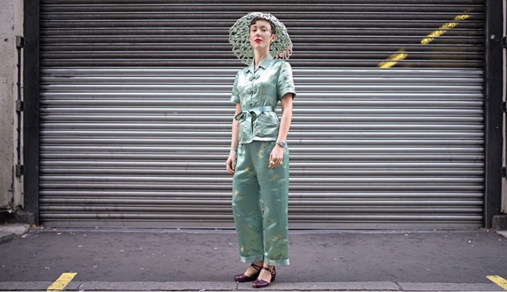 Zoe Sherwood wearing one of her headpieces