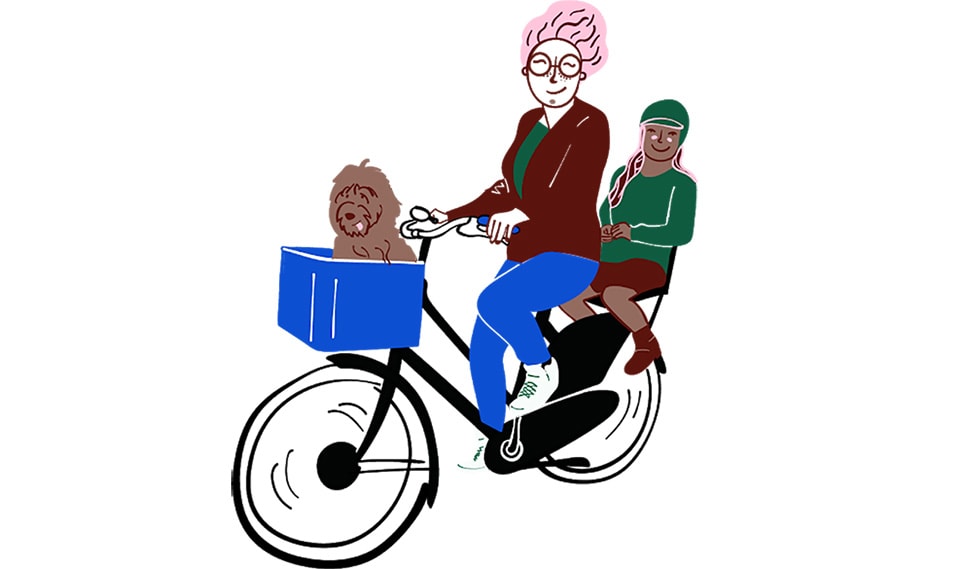 Graphic of a cyclist accompanied by a guest and a dog.