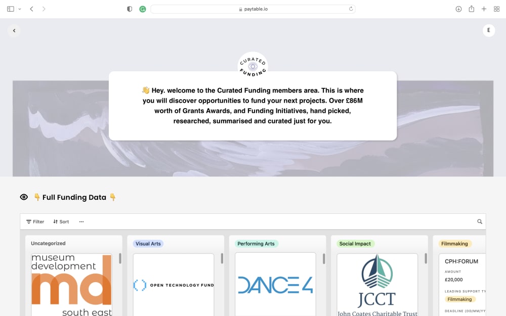 Screenshot of Curated Fundings homepage