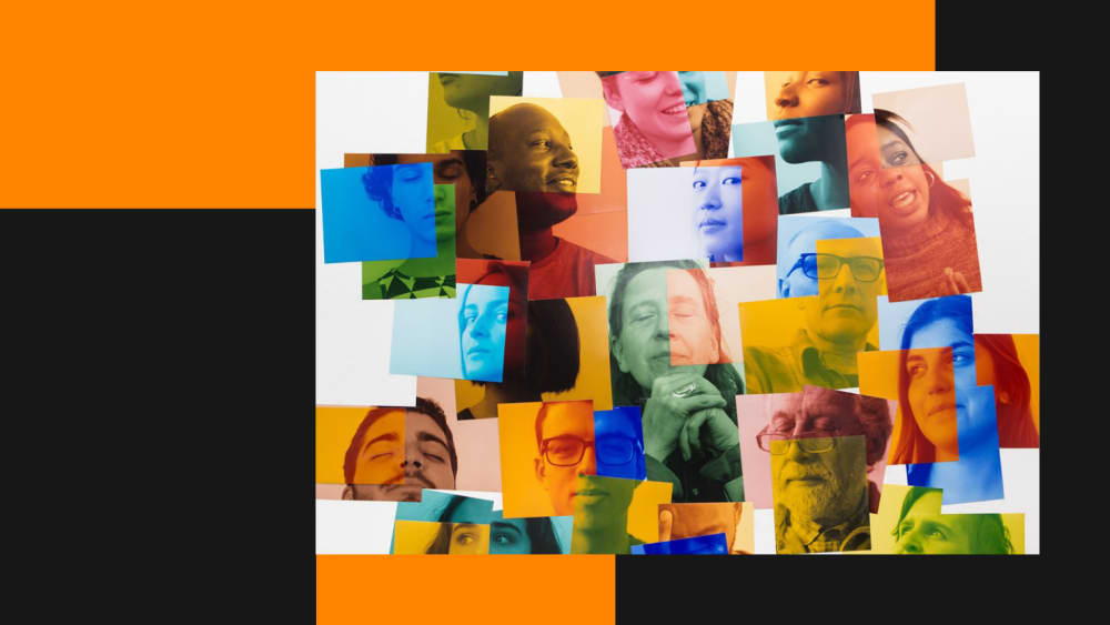 Pictures of many people at UAL on colourful paper