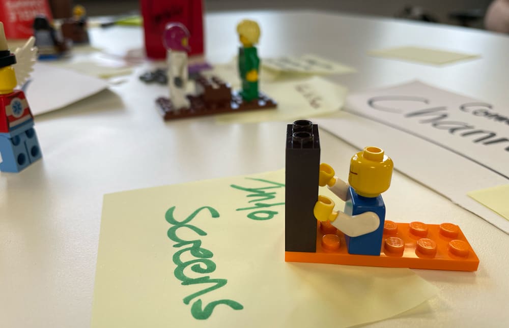 Photograph of post-it notes and lego figures.