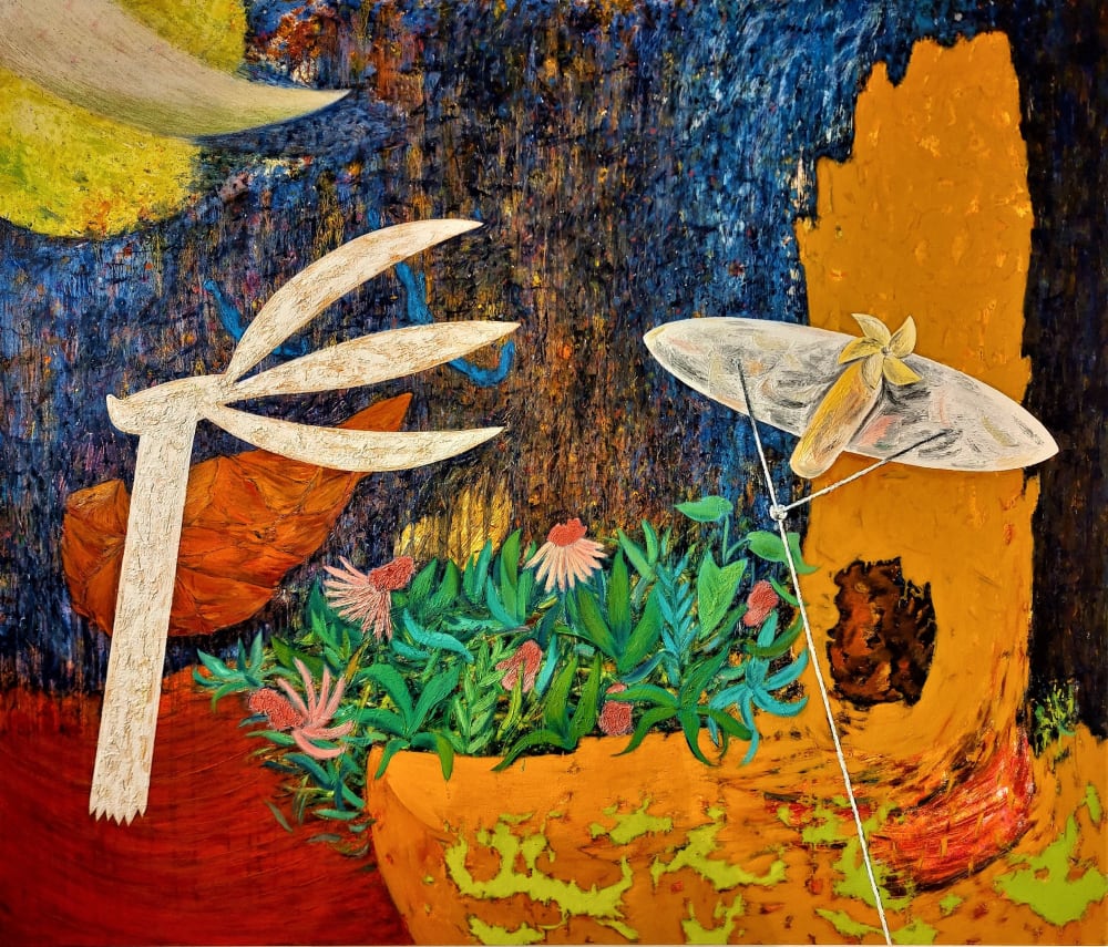 A brightly coloured painting featuring flowers and other natural forms