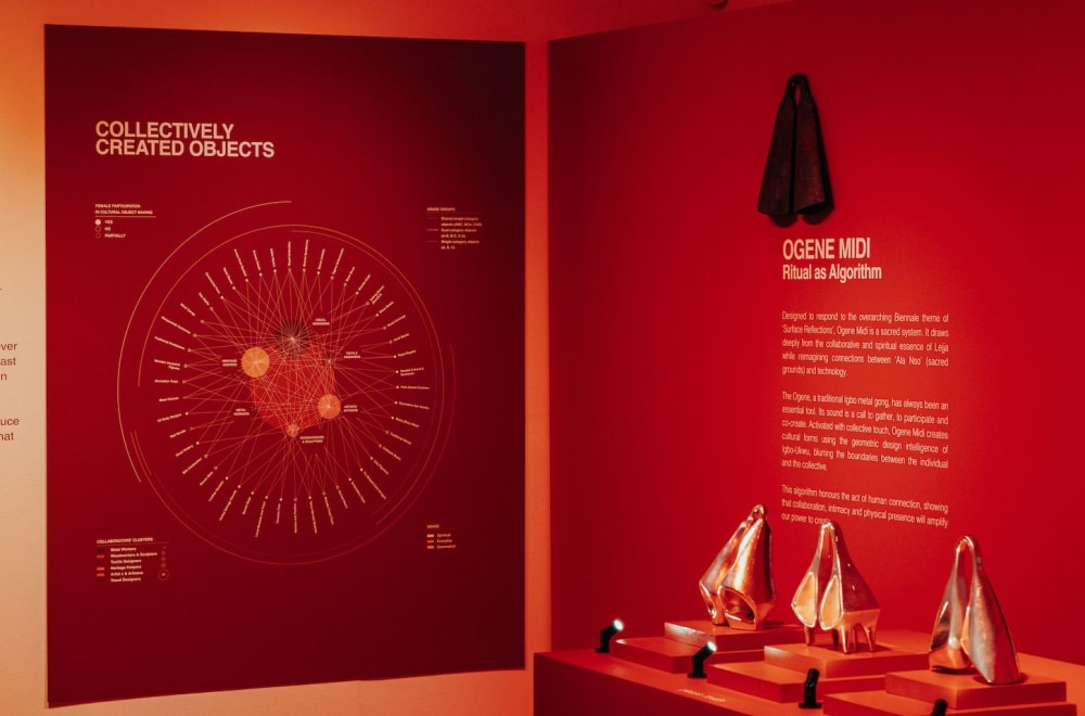 Picture of the Nigeria Pavilion - red room with text and objects on display