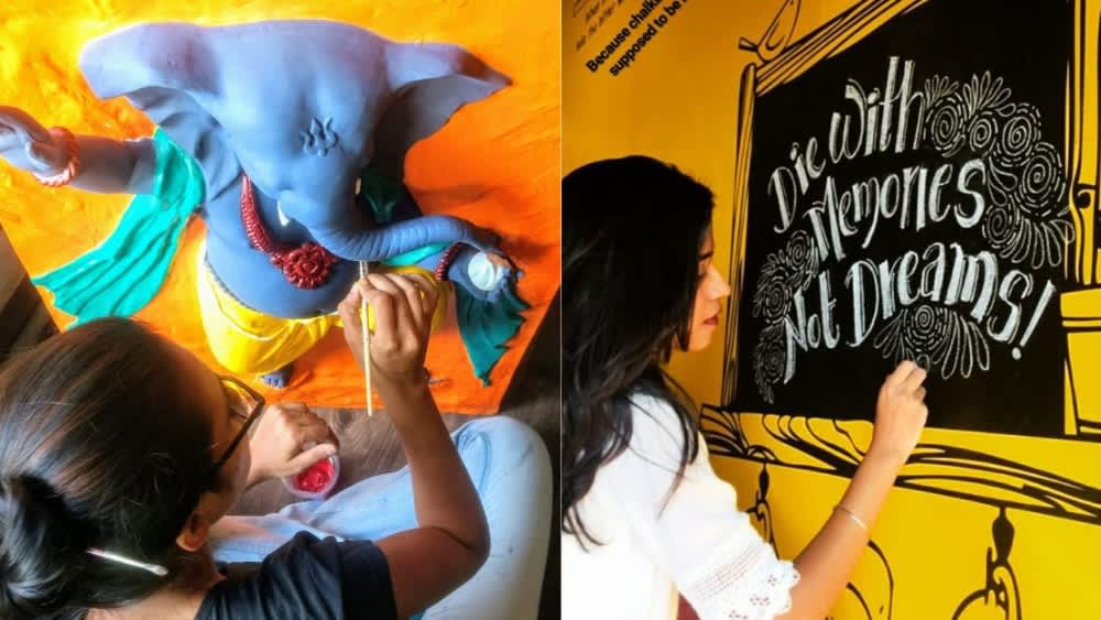 One the left side, a student paints a 3D canvas of the Hindu god, Lord Ganesh. On the right side, the same student writes the phrase 'Die with memories, not dreams' onto a chalkboard in calligraphic writing.
