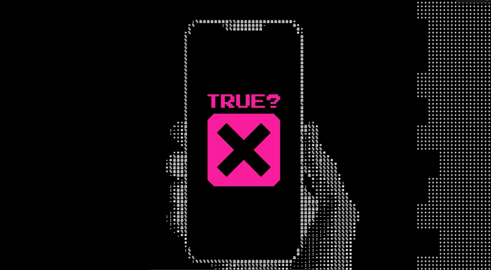 A computer illustration of a hand holding a mobile phone which says 