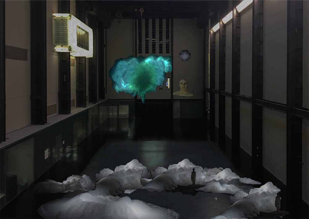 Night time setting with person standing looking up at peculiar blue cloud and a face depicting sad emotions