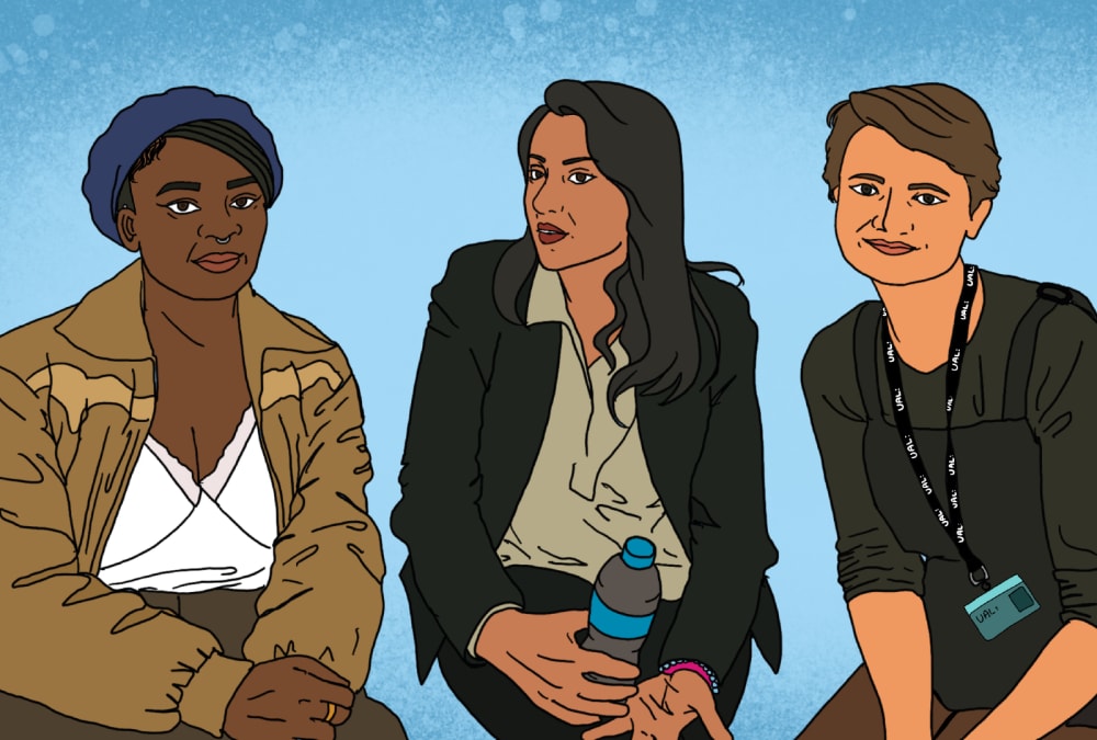 An illustration featuring three speakers on a panel with a vibrant blue background.