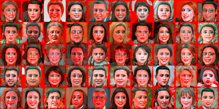 An artwork on a red background showing multiple computer generated faces across a rectangular tile