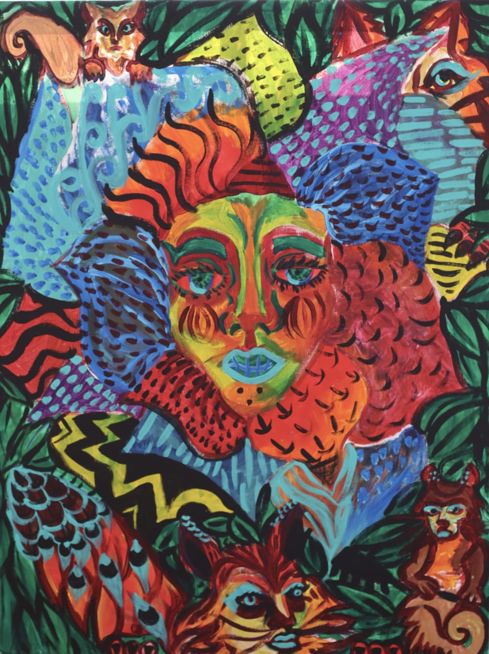 Colourful illustration of a flower with a sad face. There's lots of textures and bright colours