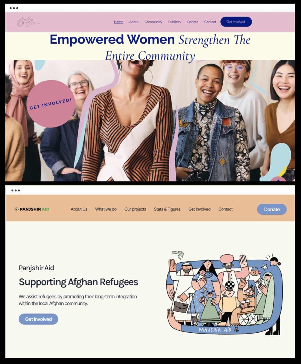 Two screenshots of homepage screens designed by LCC students as part of Talent Works.