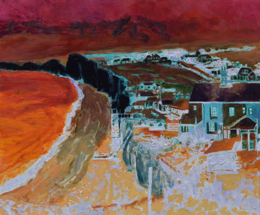 A painting of the sea and a village on the coast. Painted in oranges, pinks and reds