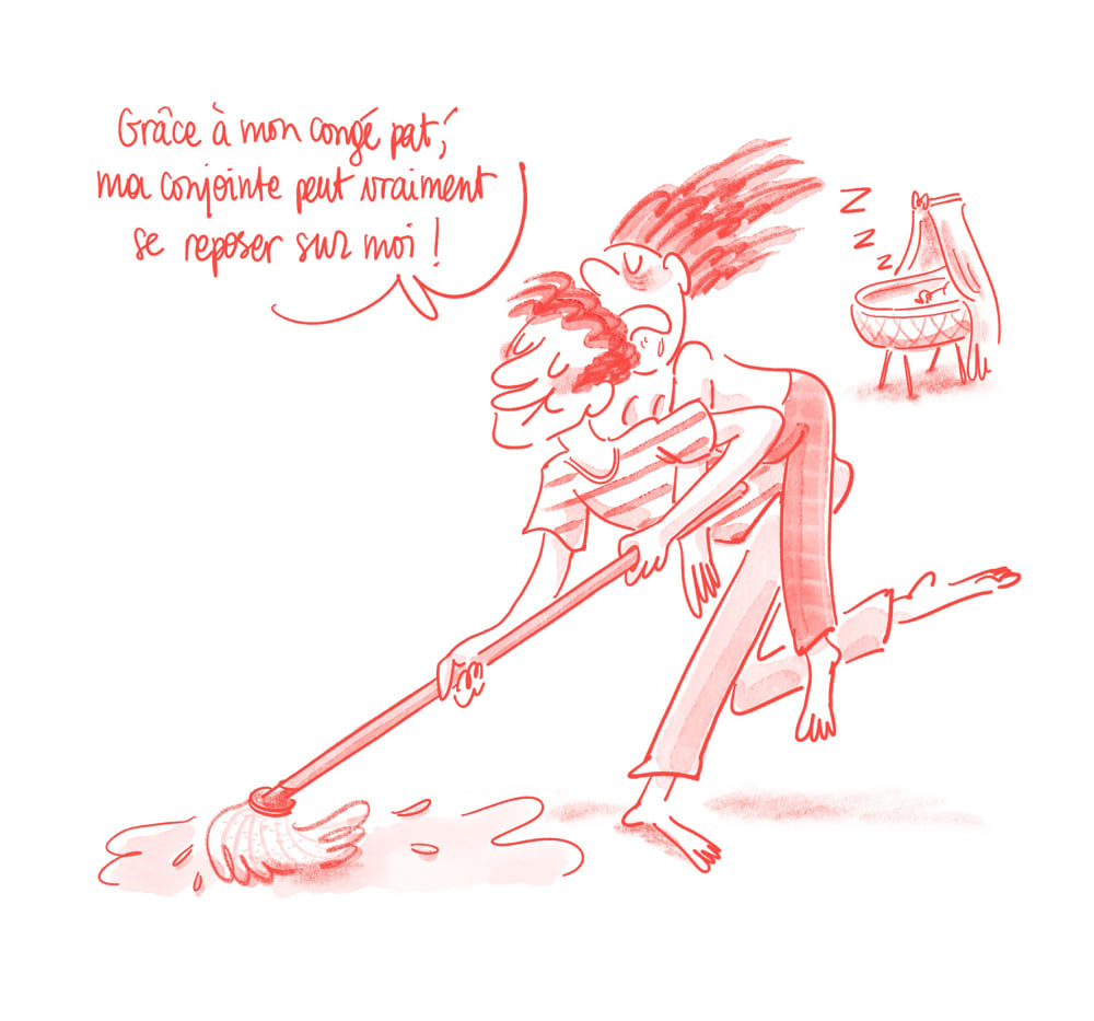 A man is mopping whilst a woman is clinging to his back. There;s a baby basket in the background. The text reads: 