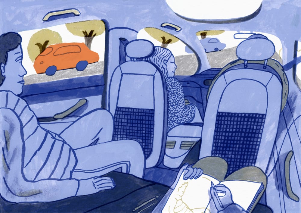 Illustration of 4 people sitting in a car.