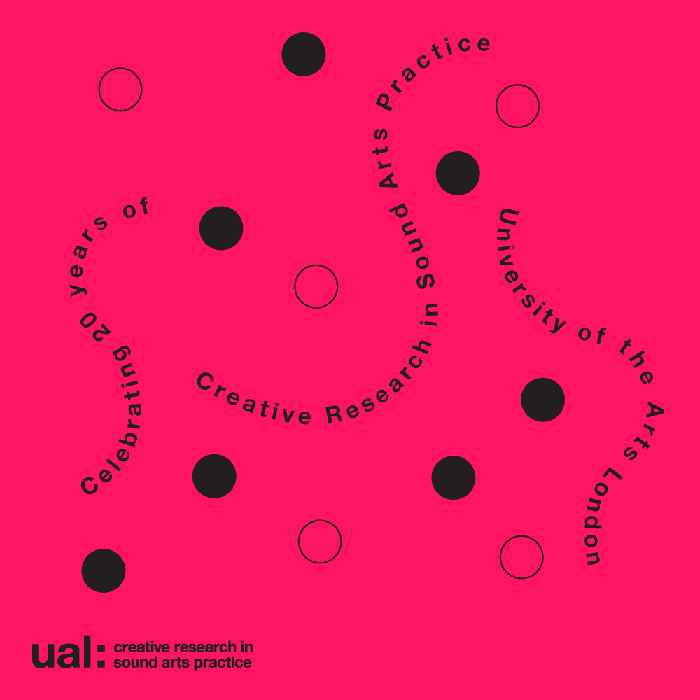 Pink poster with black dots and curved text that reads: celebrating 20 years of Creative Research in Sound Arts Practice, University of the Arts London.