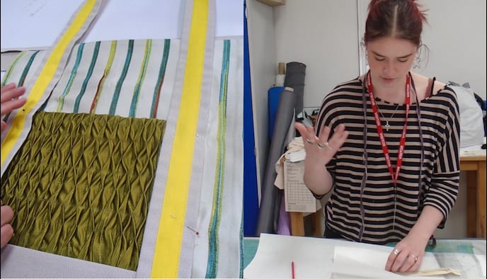 One image of materials being pinned together to create a handbag. One image of a woman drawing handbag patterns on paper.