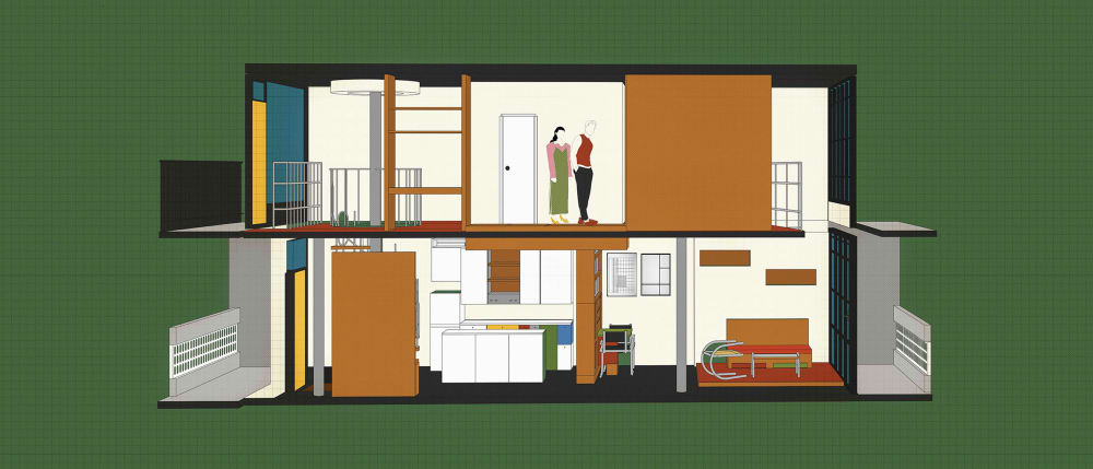 Cross-section of a modern home interior showing two floors with colorful walls, furniture, and two people on the upper level. Tone is vibrant and architectural.