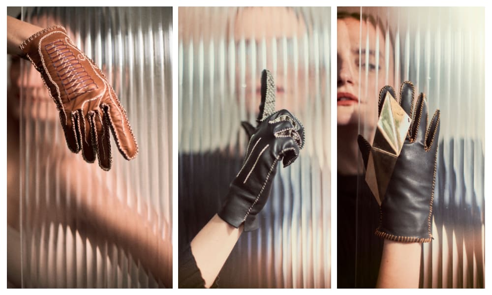 Three images show gloved hands behind frosted glass. Left: brown leather glove, middle: black with stitching, right: black with a geometric pattern. Unclear faces.