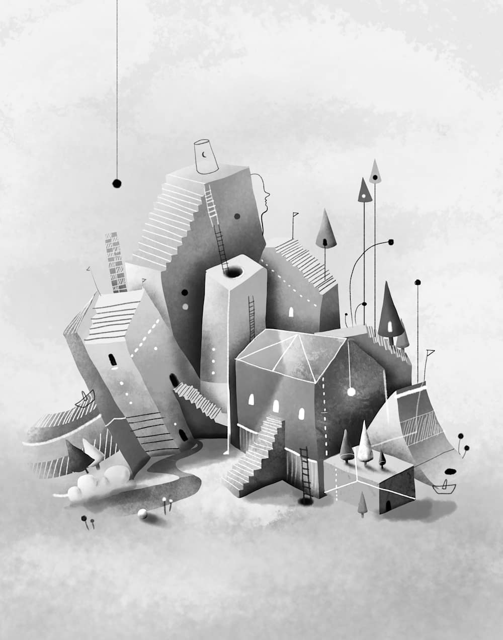 Black and white illustration representing little houses 