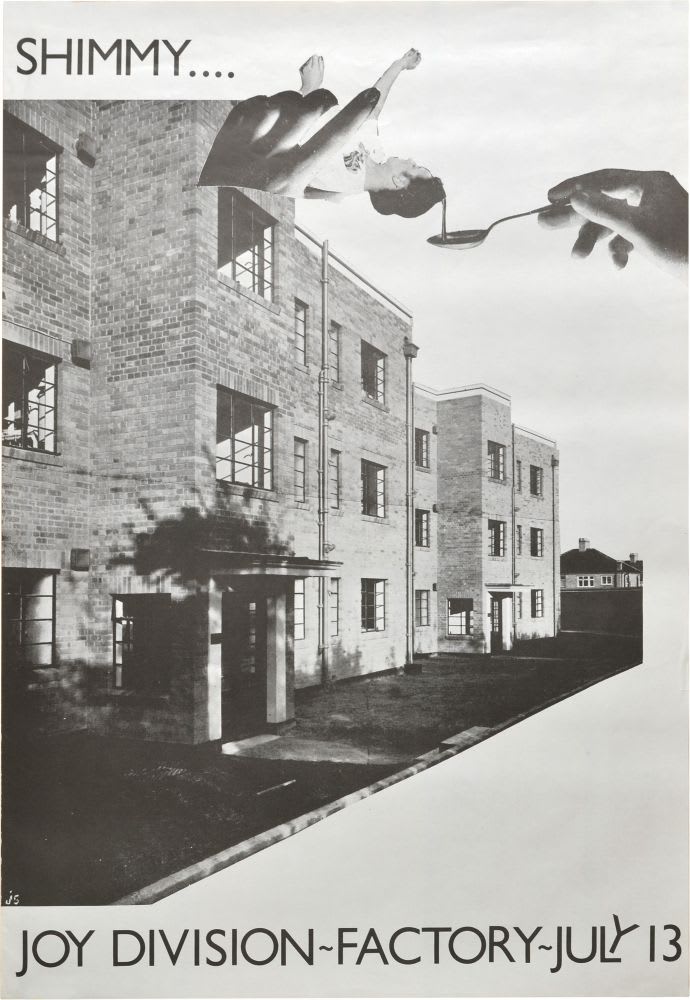 Black and white collage poster for Joy Division at the Factory on July 13, showing a row of buildings with a pair of hands in the top right corner, pouring liquid from the top of a woman's head.