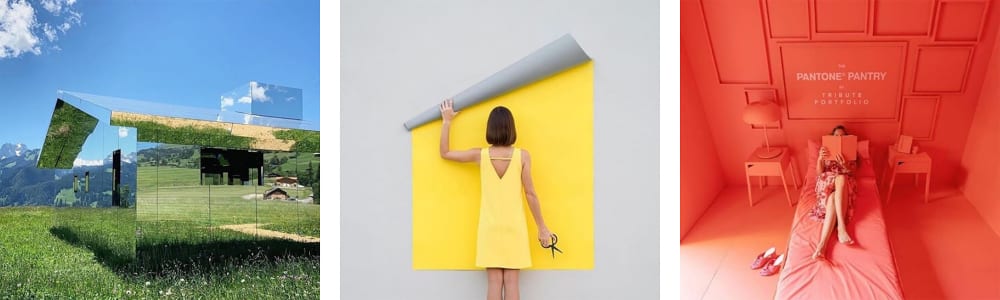 Three images - Glass house standing in field and surrounded by blue clouds, Woman standing in yellow dress, holding large piece of yellow backdrop paper and scissors and woman lying on a bed in a bedroom - everything is coral.