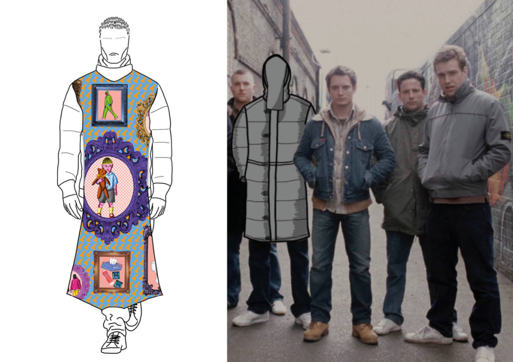 two images from a fashion lookbook displaying a model wearing a puffed jacket with a face covering, next to an image of the same jacket super imposed onto a person, standing with 4 others