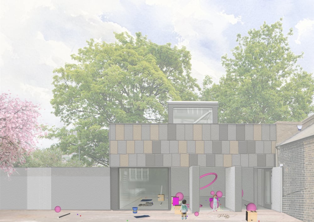 A digital rendering of the outside of a building with a tiles roof. It has large doors which open to the outside, showing children playing inside with large pink shapes.