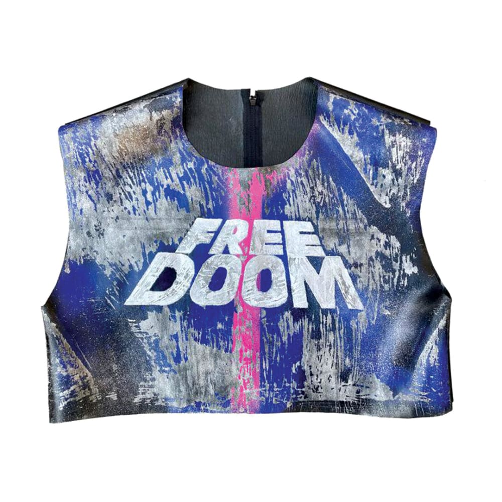 Rubber vest with 'freedoom' painted on the front