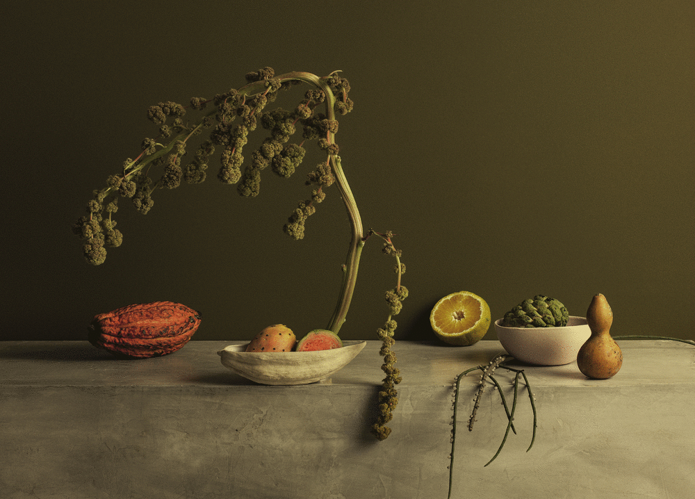 There is a table with a white table cloth, against a dark green background. The table has items of fruit. There are two ceramic bowls grey in colour with some fruit in and a large hop plant sits tall in the centre of the table