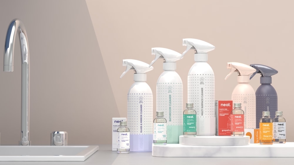 Photo of a selection of white and pastel spray bottles of different sizes