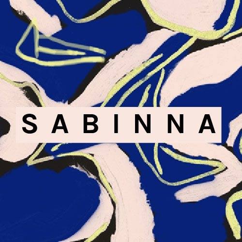 Blue and pink swirled pattern with SABINNA in black