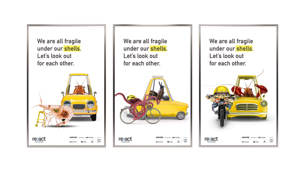 Agota's concept poster featuring collage marine life driving vehicles.