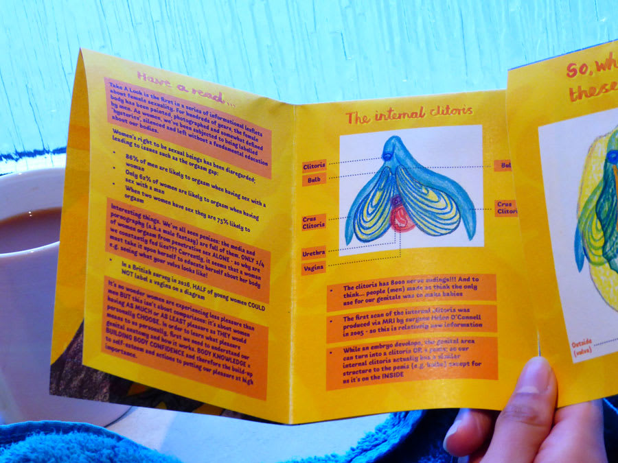 Fold-out leaflet with pencil illustration and text