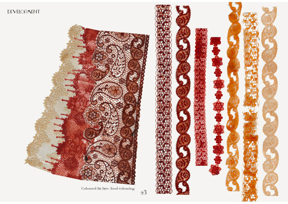 Collection of samples which closeup have an intricate lace-like pattern, Ziqi has used red food colouring to dye them orange and red.    