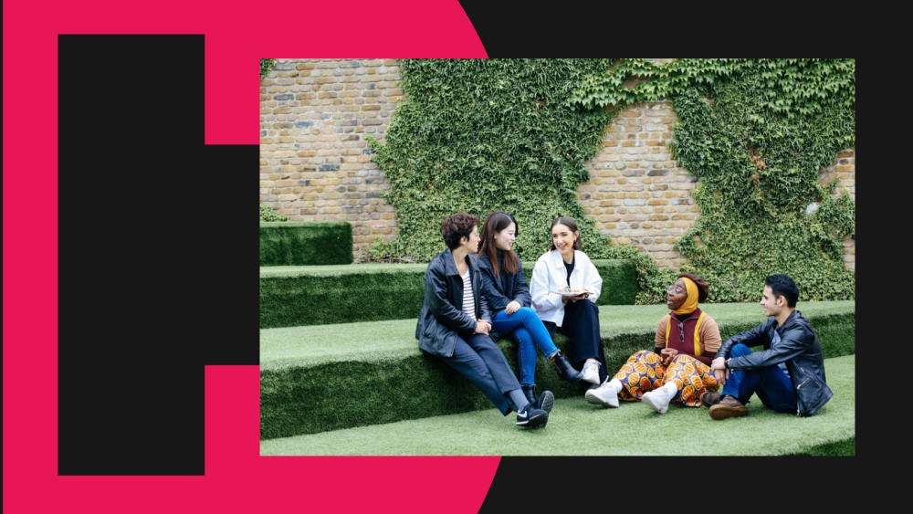 Students talking together on grass steps