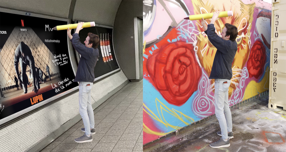 Two images side by side. The image to right has a person in a black coat, jeans and trainers holding a giant pencil above their head and pretending to write on a graffiti wall in front of them. The same image of the person has then been overlayed onto the image on the left, whereby the person is now standing in a tube station and writing on a NETFLIX poster.