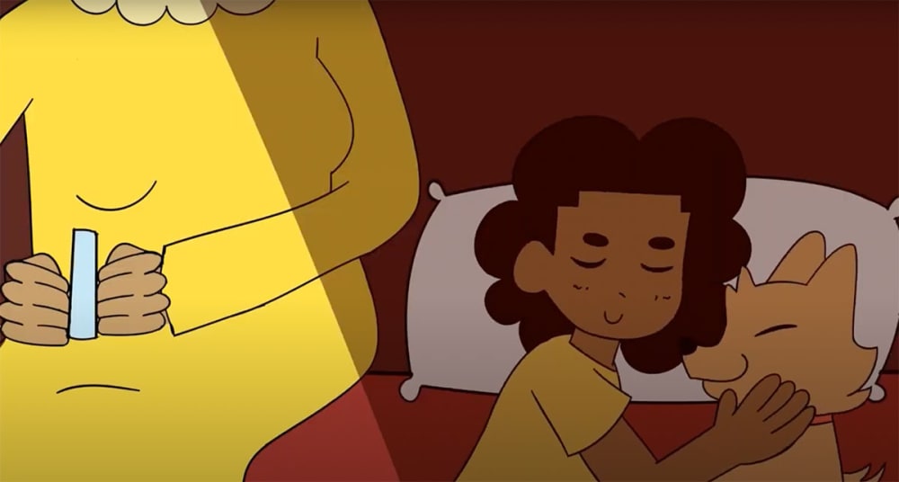 Animation still of a child sleeping with a pomeranian.