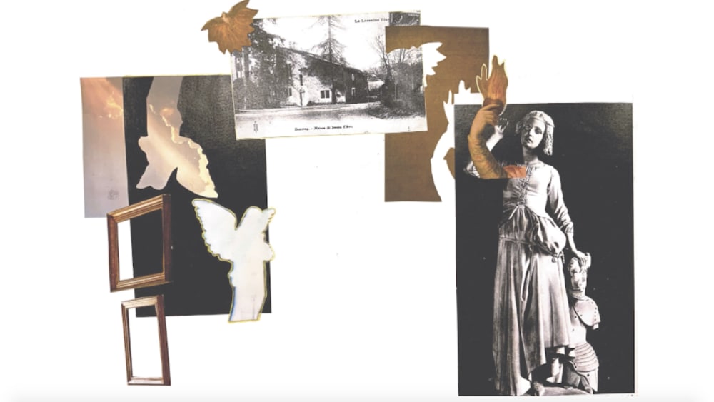 A collage of reference photos showing female statues, buildings, picture frames and the sky.