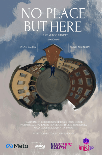 Film poster for no place like here, with a fish eye view of houses