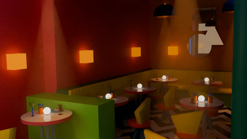 Image shows a digital rendering of what looks to be a restaurant. The image shows different coloured tables and chairs in a room with different coloured walls and lighting.
