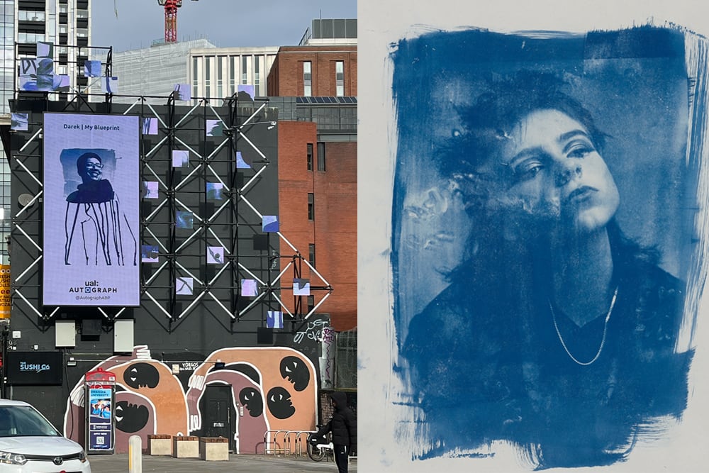 Left picture, digital installation on a building featuring a cyanotype portrait of a student smiling at the camera. Right picture, cyanotype portrait close up of another student. The have heavy eye make up and are pointing their chin up with eyes away from the camera