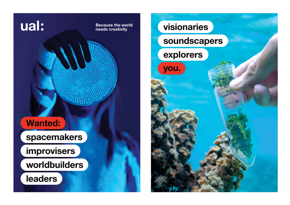 Spread showing front and back cover of PG guide using the ‘Wanted: you’ campaign. The text on the left reads “Wanted: spacemakers, improvisers, worldbuilders, leaders” while the text on the right reads “visionaries, soundscapers, explorers, you.” The image on the left shows a person wearing a bioluminescent, blue suit while holding up a blue disk of the same material, covering up their face. The right image shows a hand taking a sample from an underwater plant.